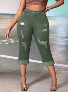 SHEIN Hosenträger Jeans in Große Größen mit Knöpfen und Taschen Vorne, zerstört, für Lässig Sommer Alltag - Armeegrün - Übersicht 1