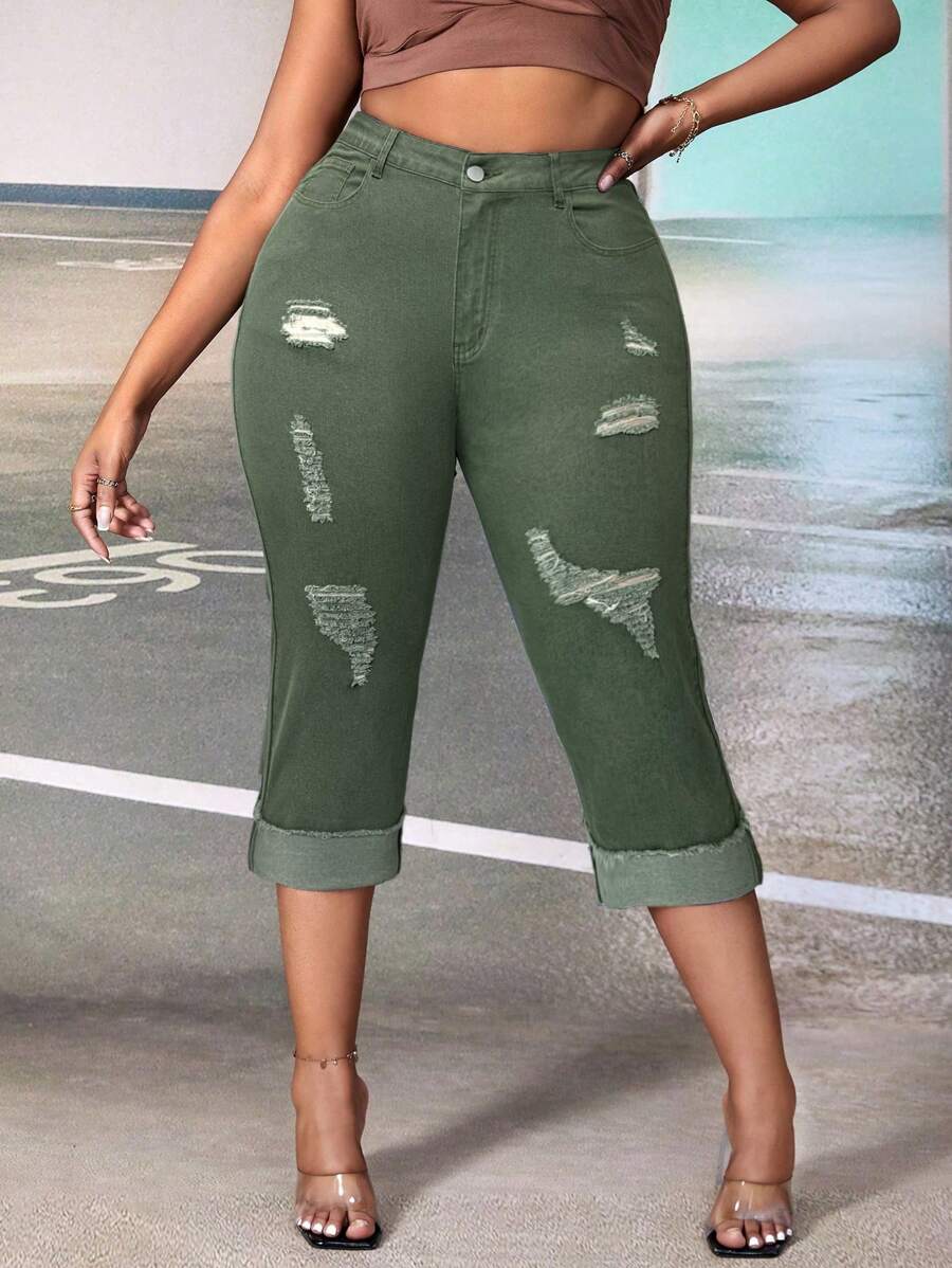 SHEIN Hosenträger Jeans in Große Größen mit Knöpfen und Taschen Vorne, zerstört, für Lässig Sommer Alltag - Armeegrün - Übersicht 1