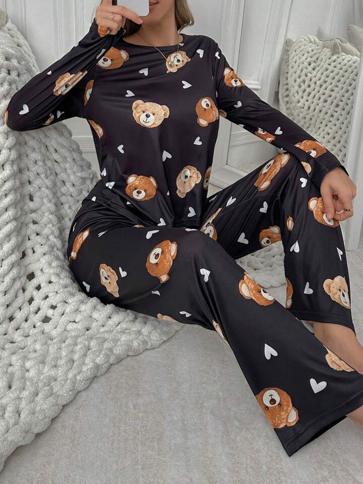 【MOODMOON】Heart Bear Long Sleeve Pajama Set Hearts Long Sleeve Polo Pajamas | Roller Rabbit