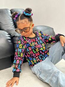 SHEIN Explorewe Girls' Casual Basic Colorful Letter & Geometric Print Sports Sweatshirt, Suitable For Autumn, Winter, Layering, Sports, Streetwear, School Wear - Black - View 4