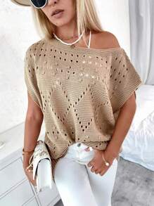 INAWLY Plus Size Solid Color Open Shoulder Hollow-Out Minimalist Knit Blouse, Casual Daily Wear - Khaki - View 6