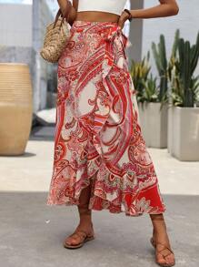 Breezaya All-Over Print Knotted Hem Casual Vacation Skirt - Red - View 3