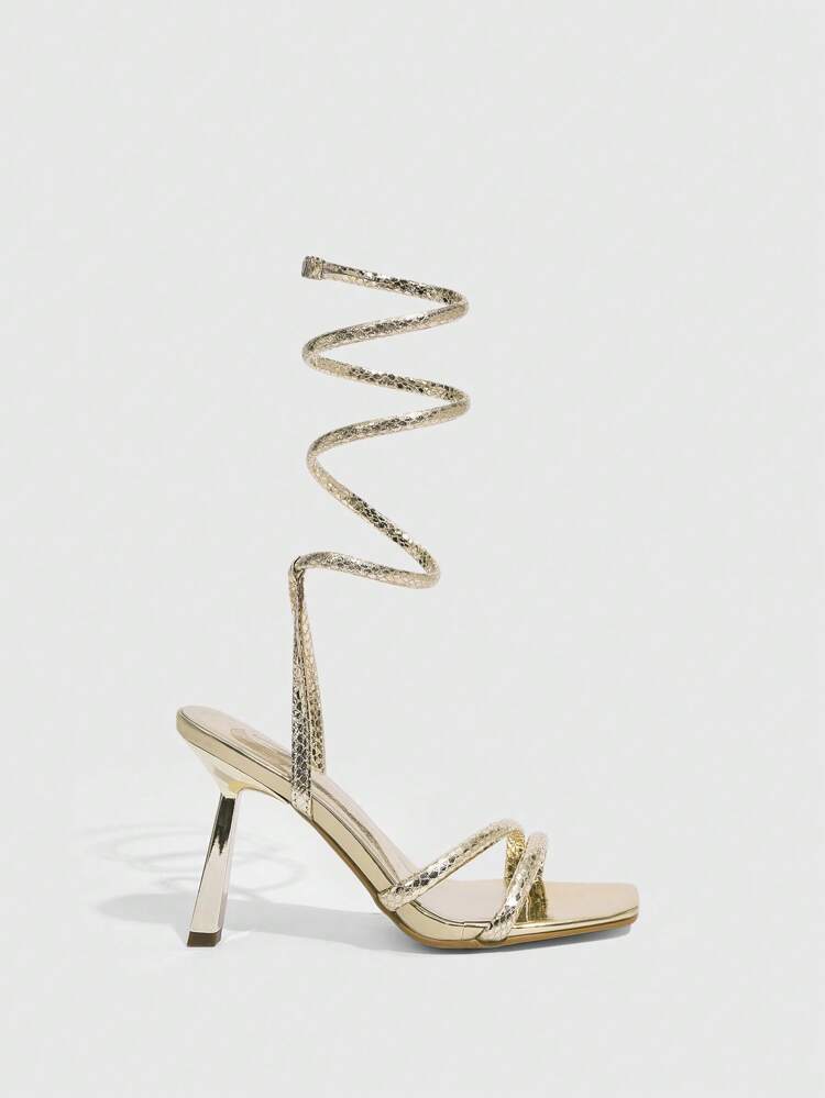 CUCCOO SZL Women's Fashionable Metal Material High Heel Lace-Up Sandals In Snake & Diamond Pattern, Graduation Heel, Prom Heels For Summer Vacation Shoes Party Baddie Chic Gorgeous Style Halloween Christmas Fall