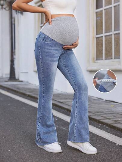 SHEIN Maternity Elastic Waist Denim Skinny Flare Jaens, Blue,Summer Boho Thin Denim Bell-Bottoms, Jeans