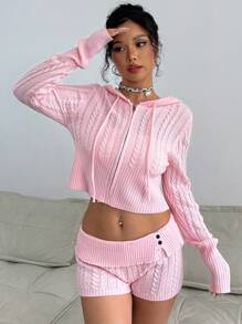 SHEIN Unity 2 件女式连帽上衣和时尚短裤套装、长袖运动衫和纽扣装饰短裤