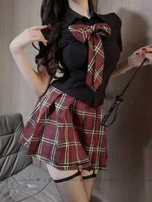 DAZY 2pcs Set Women's Bow Plaid Short Sleeve Shirt And Pleated Mini Skirt, Preppy Style Summer Outfit - Black - View 4