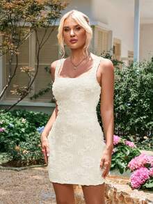 PARTHEA Square Neck Crisscross Tie Up Stereo Flower Embroidery Bodycon Dress - Apricot - View 3