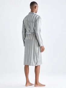 Men's Letter Printed Long Sleeve Casual Loungewear Robe With Pockets - Baby Blue - View 3