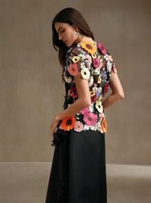 Anewsta Romantic Embroidered Floral Applique Decorated Blouse - Black - View 2