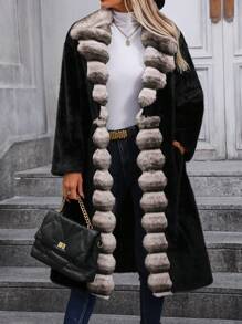 Chiquease Women's Autumn Winter Fashion Color Block Faux Fur Jacket Thermal - Black - View 1