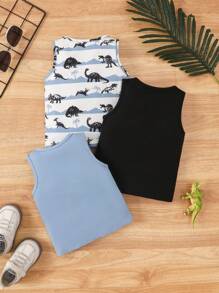 Baby Boy 3pcs/Set Dinosaur Pattern Round Neck Sleeveless Casual Top, Summer - Blue - View 2