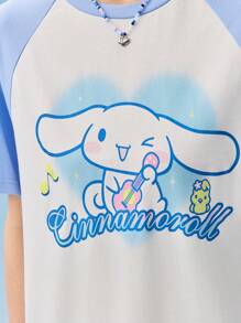 HELLO KITTY AND FRIENDS | SHEIN 女式白色可爱休闲卡通肉桂卷和字母印花圆领插肩 T 恤，秋季服装