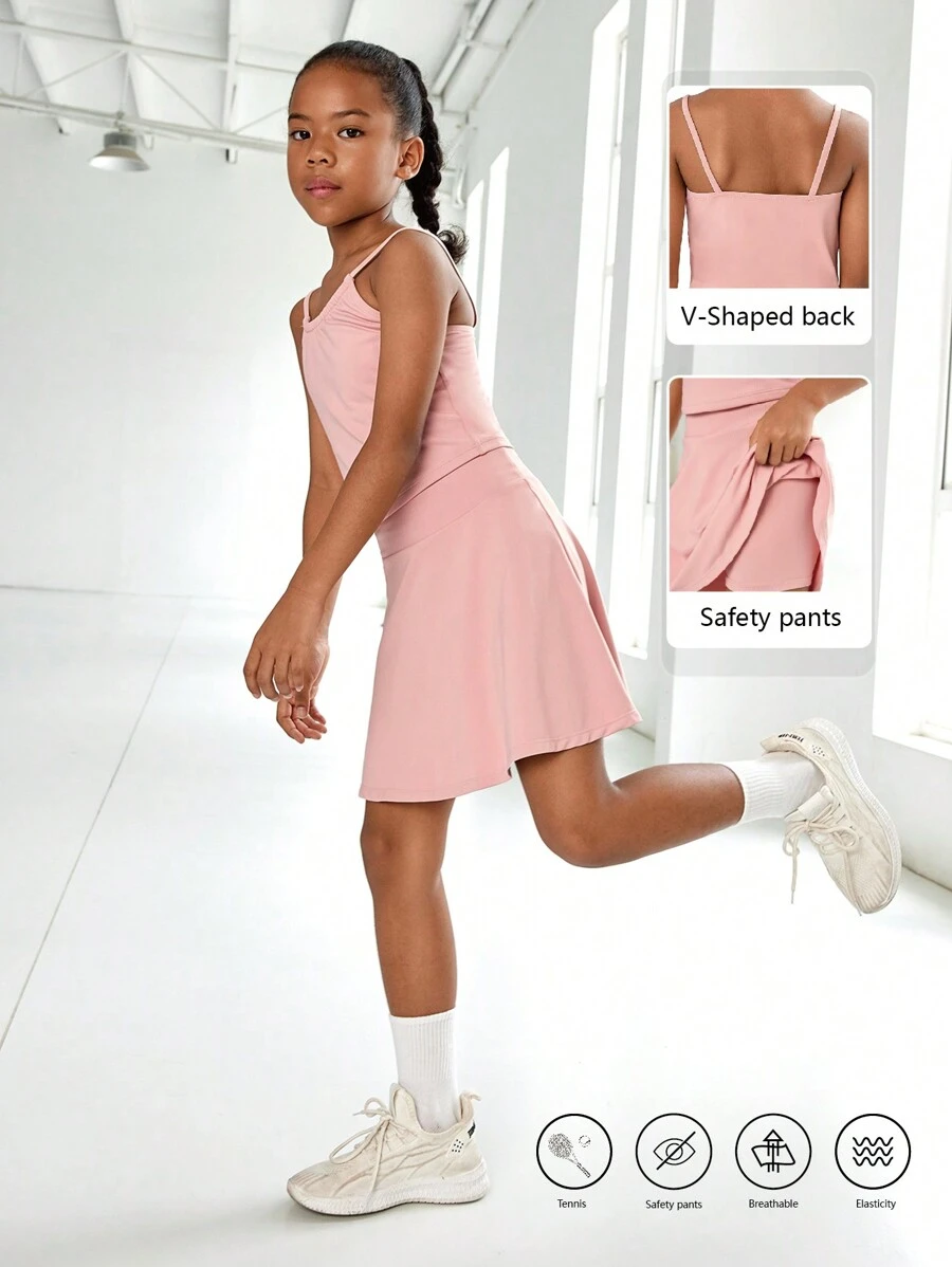 SHEIN 少女瑜伽套裝，彈性、舒適、透氣、排汗運動服，適用於跑步和騎行，時尚簡約 - 粉色 - 查看 1