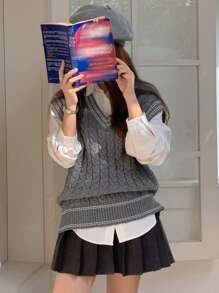 DAZY 女式灰色简约日常V领麻花针织短袖毛衣秋季 - 灰色 - 查看 3