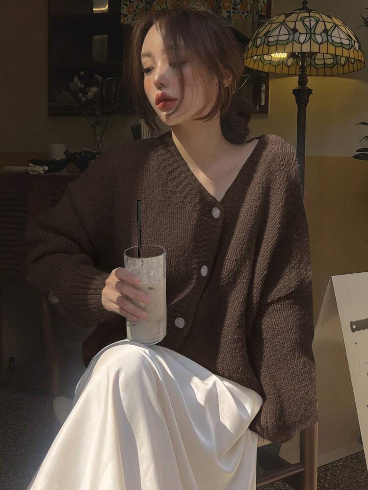 Women's Solid V-Neck Loose Knitted Cardigan,Long Sleeve Tops,Fall Clothes Jacket