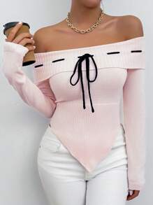 Chiquease Off-Shoulder Tie-Up Asymmetrical Hem Sweater, Autumn/Spring Knit Pullover Fall Winter Outfit