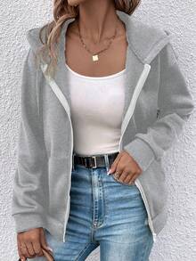 SHEIN EZwear 宽松字母印花休闲女式常规夹克，秋冬 - 淺灰色 - 查看 2