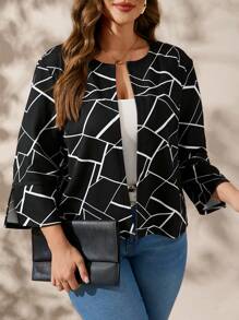 SHEIN Clasi Chaqueta casual delgada de manga larga y apertura frontal con estampados totales y aberturas laterales para tallas grandes