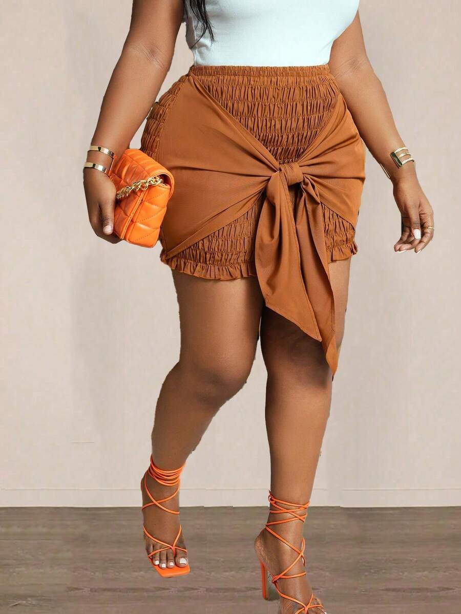 Slaydiva Váy bó sát mini thắt eo phong cách đường phố giản dị cỡ lớn cho nữ - màu nâu - Xem 1