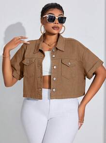 SHEIN SXY Áo sơ mi denim có kích thước lớn có túi trơn thông thường dành cho trang phục dạo phố - màu nâu - Xem 3