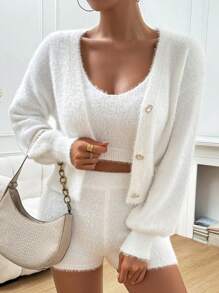 Chiquease Women's Solid Color White Minimalist Daily Wear Knit Sweater And Shorts 2-Piece Set Fall Cloth For Women - White - View 3