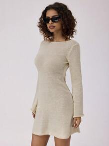 Forever 21 Fall Clothes Long Sleeve  Mini Woolen Fabric Backless Halter  Dress - Apricot - View 2