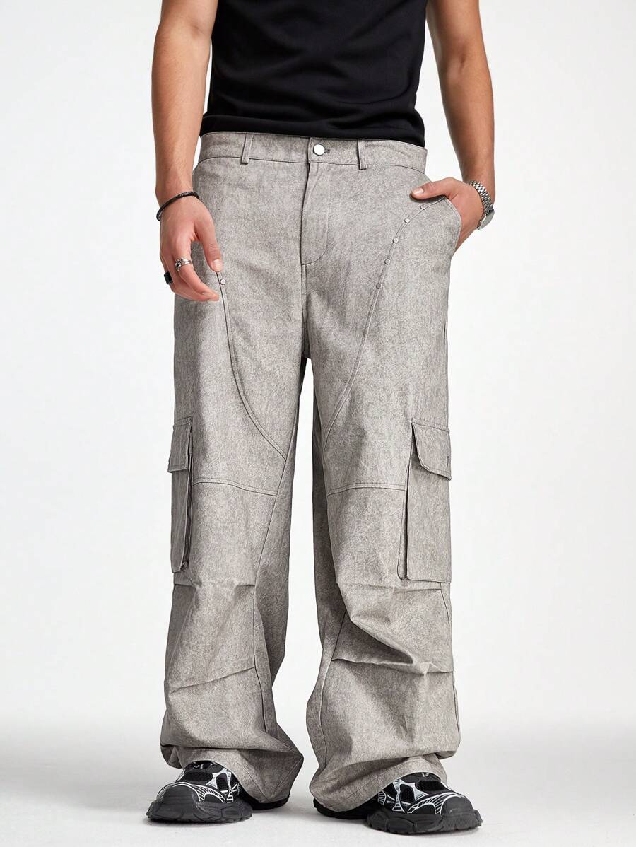 Manfinity VCAY Men's Loose Woven Wide Leg Pants Suitable For Summer Cargo Going Out,Y2k Pants - Grey - View 1