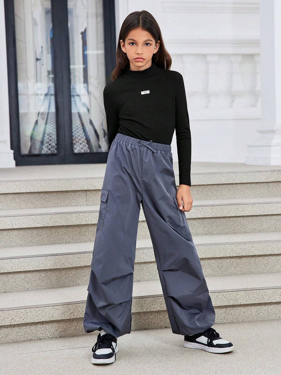 SHEIN 2pcs Tween Girls' Sports Casual Solid Color Mock Neck Sweatshirt And Elastic Waist Pants Outfit - Grey - View 1