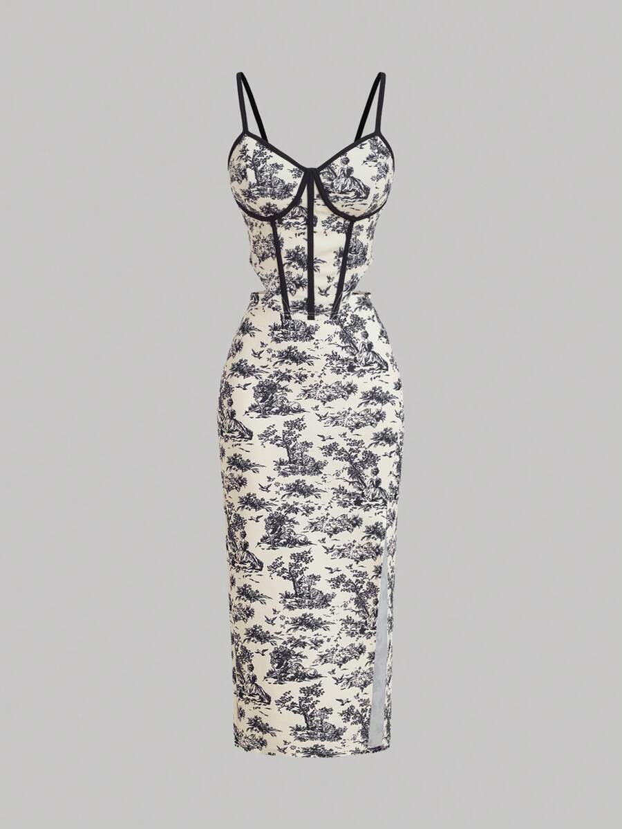 SHEIN MOD Bộ đồ cưới hai mảnh họa tiết xương cá in hoa màu xanh và trắng cổ điển dành cho nữ - màu đen - Xem 1