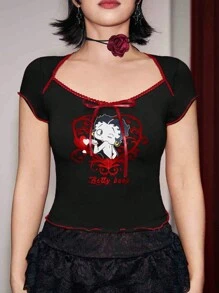 Betty Boop | ROMWE Summer Cartoon Figure Graphic Contrast Binding Tee - Black - View 5
