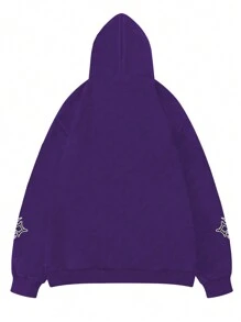 ROMWE MEN Street Life Men's Spring Autumn Letter & Flame Print Zip-Up Hoodie Casual Sweatshirt - Purple - View 2