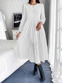 Chiquease 女士宽松圆领拼接长袖荷叶边蛋糕中长连衣裙 - 白色 - 查看 5