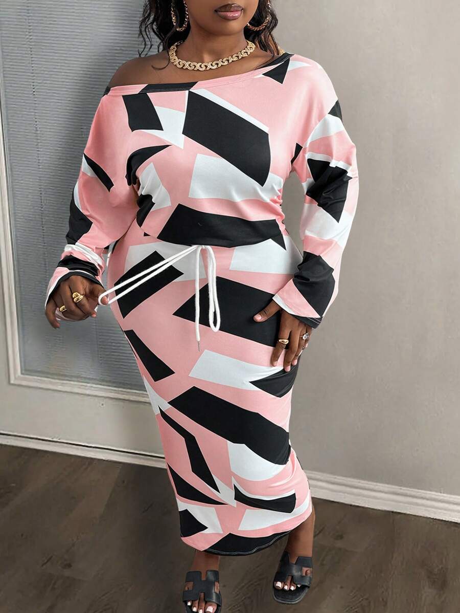 Slaydiva 大码休闲基本款-弹性针织多色印花露肩大码服装 - 彩色 - 查看 1