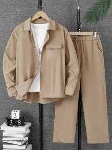 Teen Boy's Solid Color Polo Collar Button Front Embroidered Pocket Shirt And Pants Set