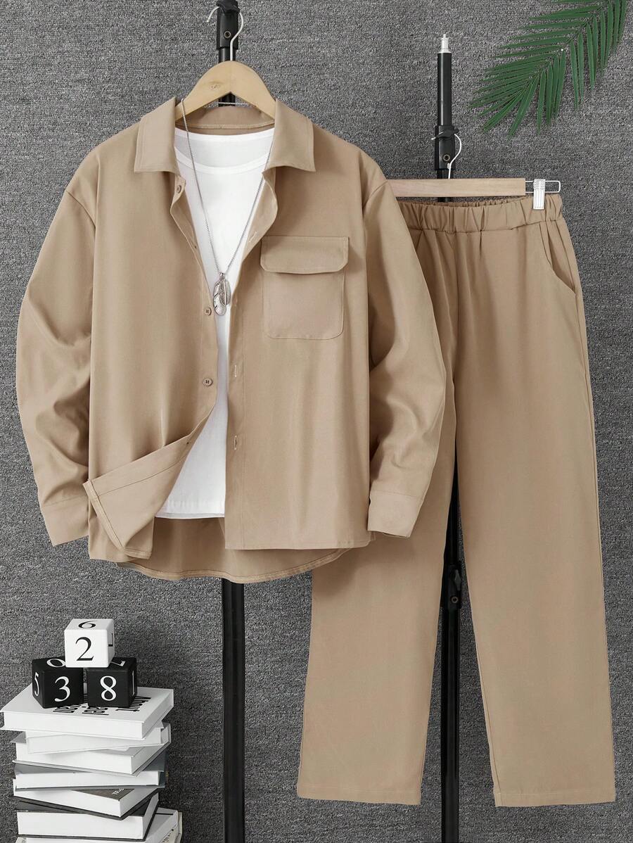 Teen Boy's Solid Color Polo Collar Button Front Embroidered Pocket Shirt And Pants Set