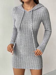 SHEIN PETITE Vestido ajustado con capucha y cordón de punto acanalado - Gris - Ver 1