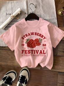 Áo thun họa tiết in hình quả dâu dễ thương dành cho các cô gái tuổi teen, áo crop top ngắn tay mùa hè ngọt ngào và thoải mái - Hồng - Xem 2