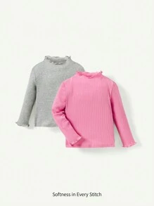 Cozy Pixies 2pcs Baby Girl Casual Solid Color Ruffled Collar Long Sleeve Top Set - Hot Pink - View 1
