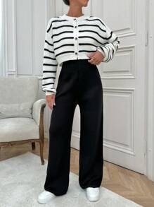 EURMUSE Women Stripe Patten Front Button Cardigan & Sweater Pants Set - Black and White - View 2