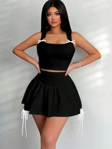 VaVaBold 2 件女式蝴蝶结装饰粗肩带背心和迷你裙套装，性感夏季服装 - 黑色 - 查看 7