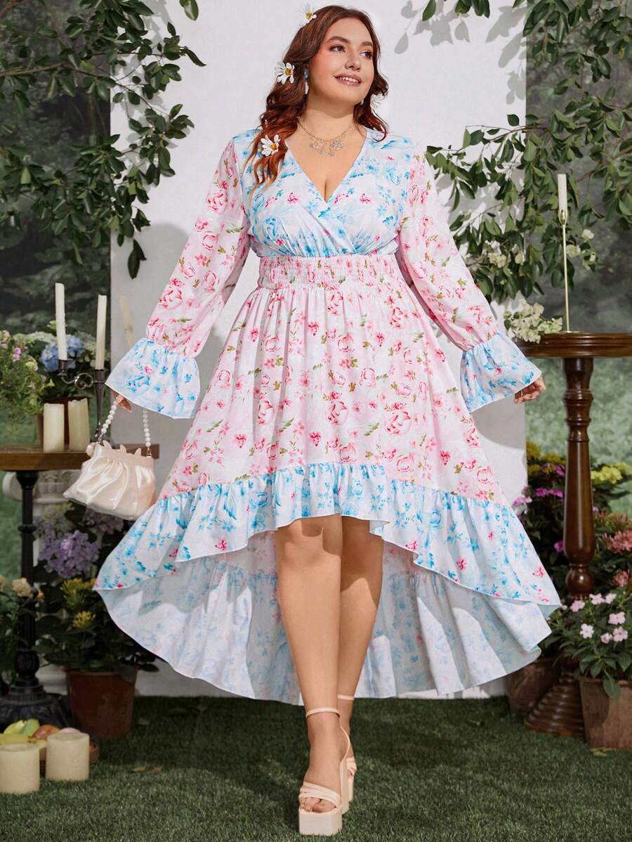 Flirla Plus Size Women's Floral Print Overlap V-Neck Bell Sleeve Asymmetric Hem Dress, Vacation Style Fall Cloth For Women - Multicolor - View 1