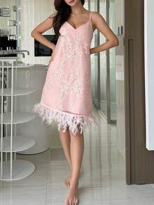 DAZY Sequin Hem Fluffy Spaghetti Strap Nightgown - Pink - View 5