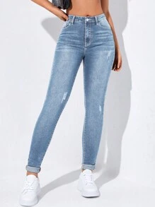 Flexra High-Waisted Button-Embellished Skinny Stretch Distressed Y2K Jeans - Baby Blue - View 7