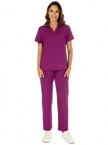 cimmuovere V 领短袖上衣和松紧腰带裤子，配有多个口袋，手术服套装 - 中紫紅色 - 查看 3