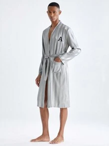 Men's Letter Printed Long Sleeve Casual Loungewear Robe With Pockets - Baby Blue - View 9