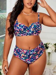 SHEIN Swim Curve 夏季海滩加大码全印花细肩带比基尼套装