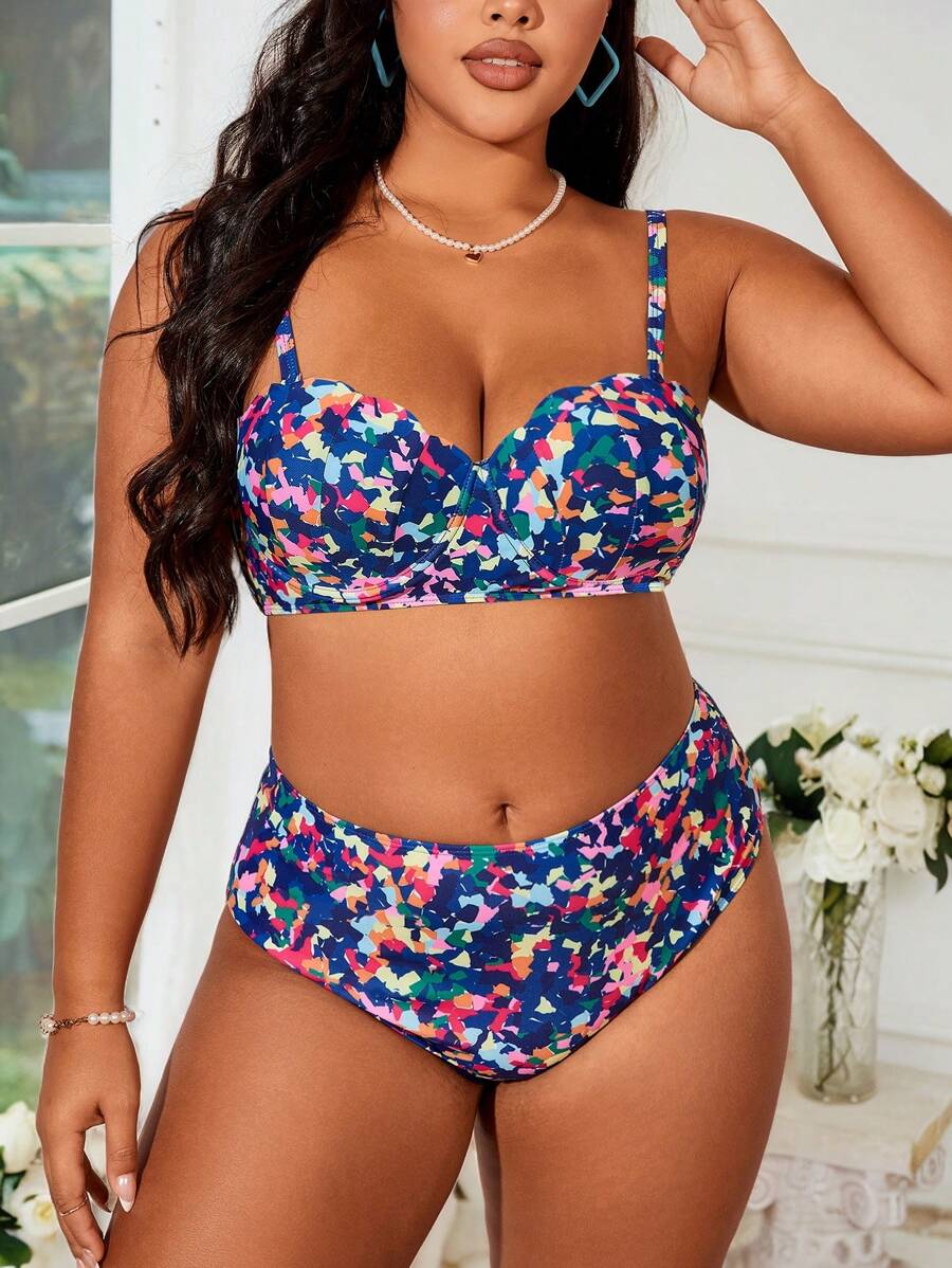 SHEIN Swim Curve 夏季海滩加大码全印花细肩带比基尼套装