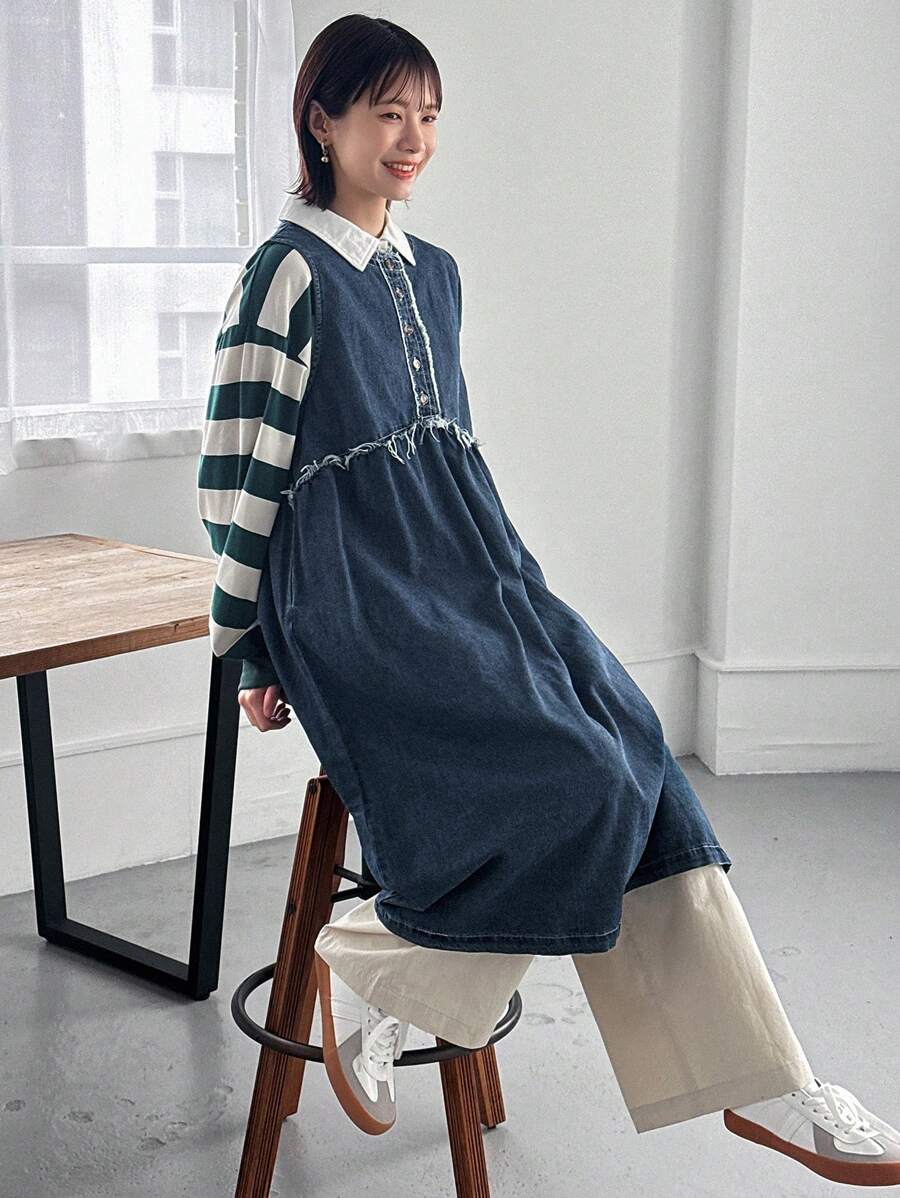 FRIFUL 女式拼接长袖条纹设计喇叭下摆温柔优雅牛仔连衣裙 - 深色水洗藍 - 查看 1