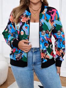 Chaqueta casual con cierre frontal con estampado total para mujeres de tallas grandes, prendas de otoño - Multicolor - Ver 7