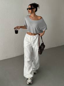 SHEIN EZwear Women Oversized Loose Fit Knitted One Shoulder Crew Neck T-Shirt, Grey